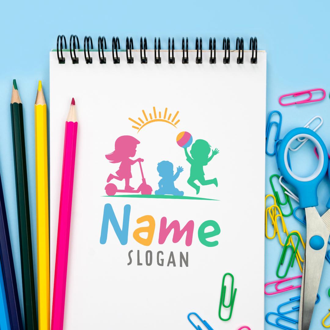 Playful Kids Logo - Scooter Girl, Boy with a ball and a Toddler with Sun Above | Childcare, Kindergarten and Activity Center Logo - Image 10