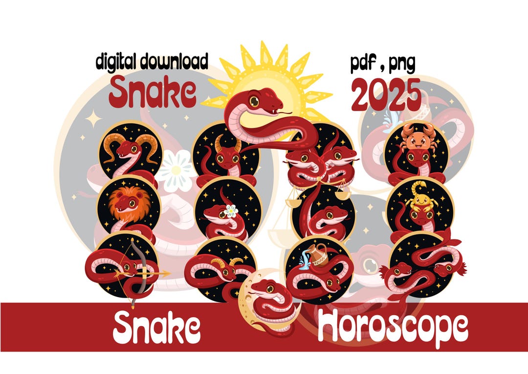 Snake Horoscope 2025 Illustration - Digital Download Files - Snake Zodiac - Cartoon Horoscope