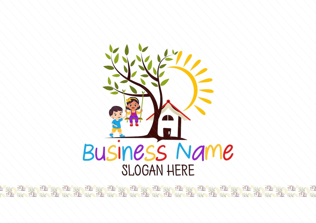 Beautiful cute book house preschool logo - Children Playing Logo - Tree Sun logo - Daycare Logo