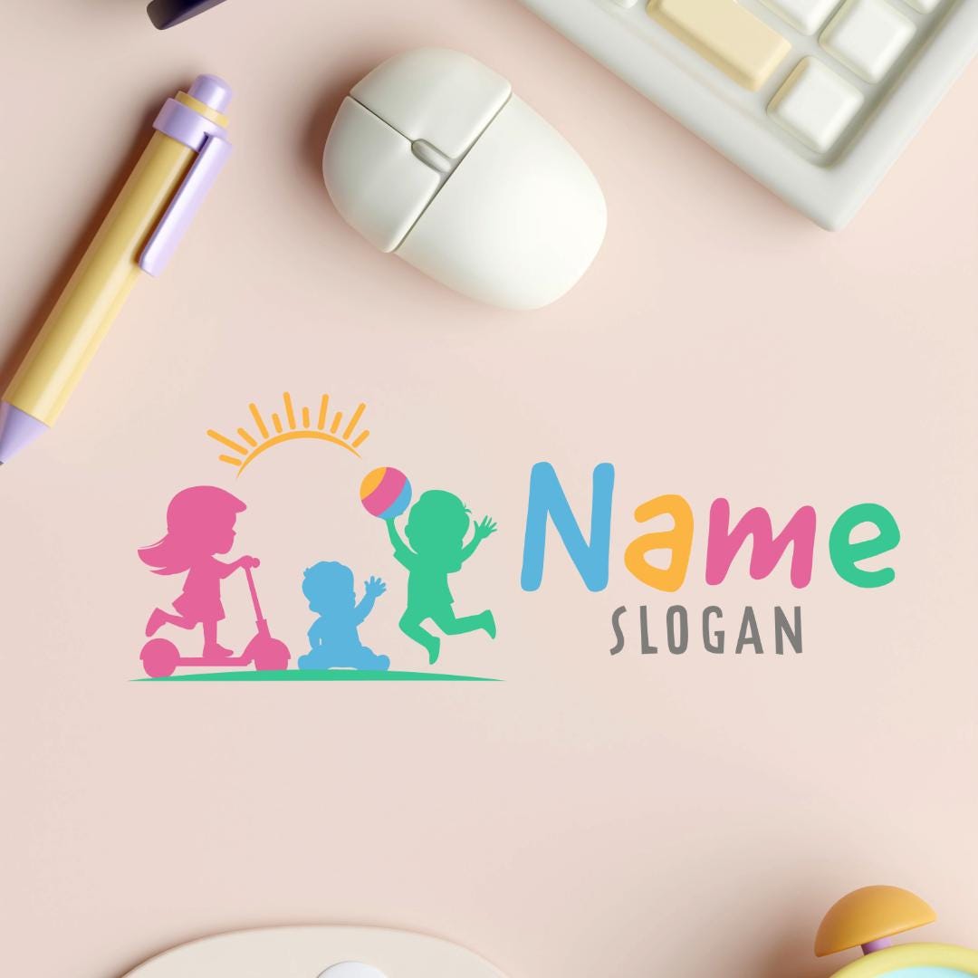 Playful Kids Logo - Scooter Girl, Boy with a ball and a Toddler with Sun Above | Childcare, Kindergarten and Activity Center Logo - Image 6