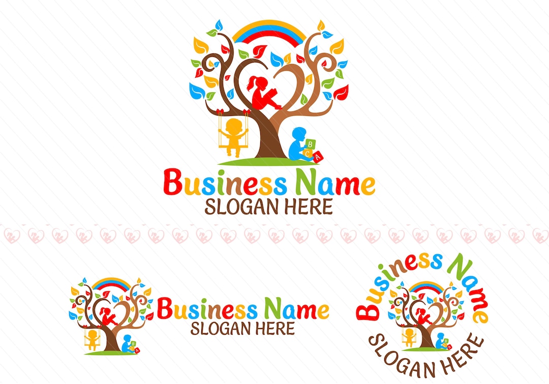 Colorful Heart Tree Logo with Children Playing – Preschool & Daycare Branding