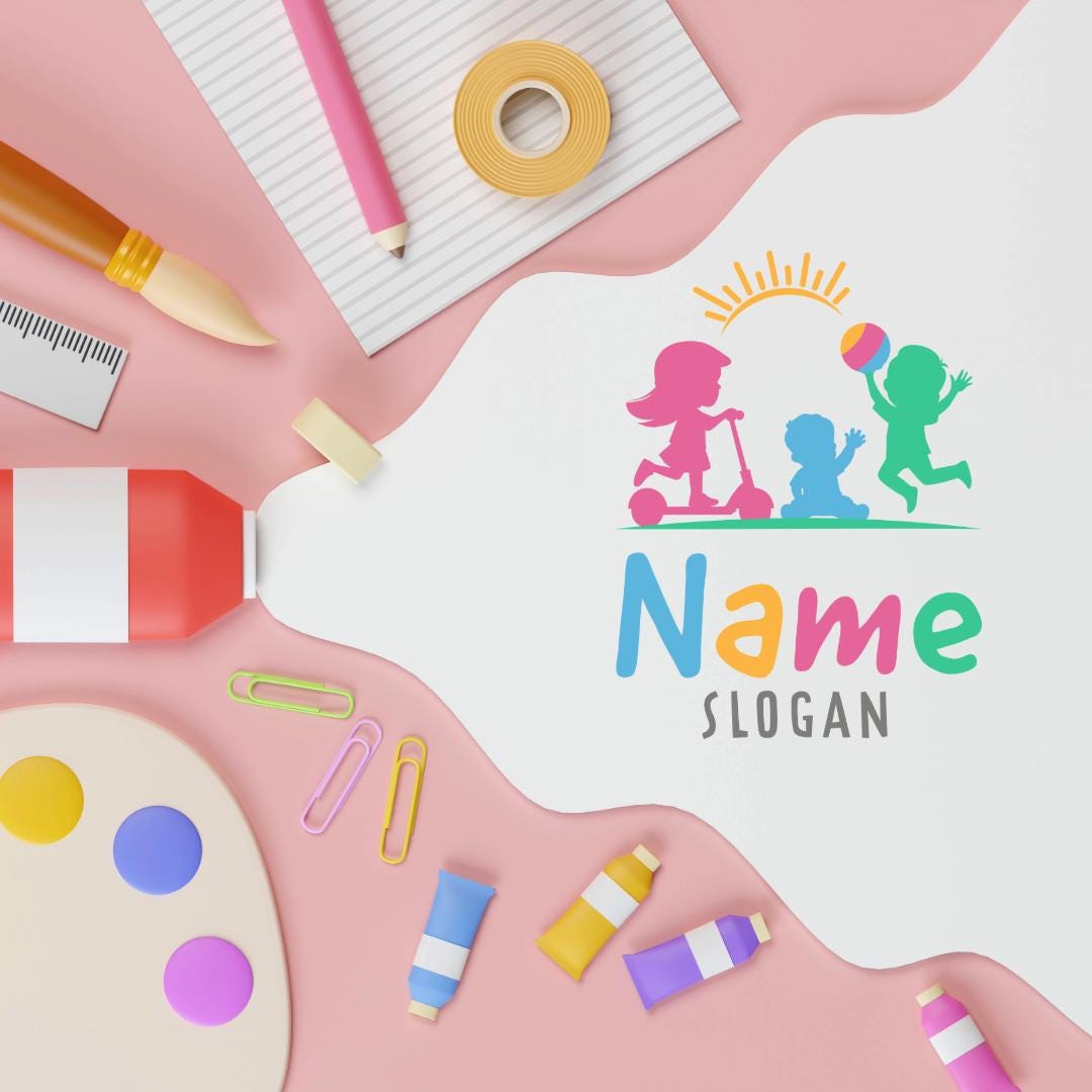 Playful Kids Logo - Scooter Girl, Boy with a ball and a Toddler with Sun Above | Childcare, Kindergarten and Activity Center Logo - Image 7