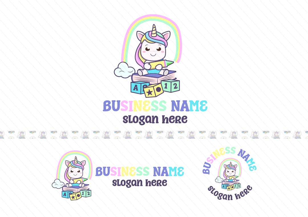 Cute Unicorn Rainbow Logo Design - Daycare logo - Preschool logo - Education logo - Educative blocks logo - Pastel Colors nursery logo