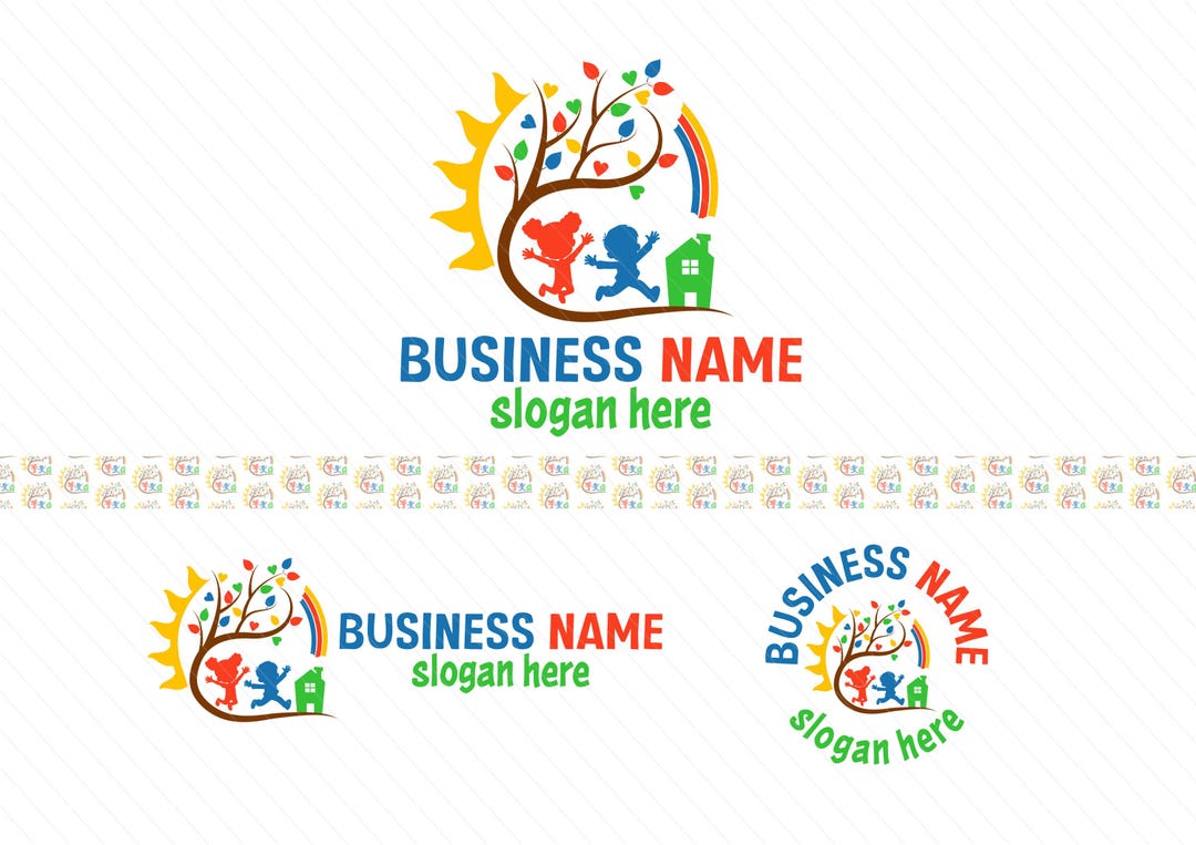 Colorful Rainbow and Sun with a Heart leafs logo, with happy children - Education Logo - Preschool Logo - DayCare Logo