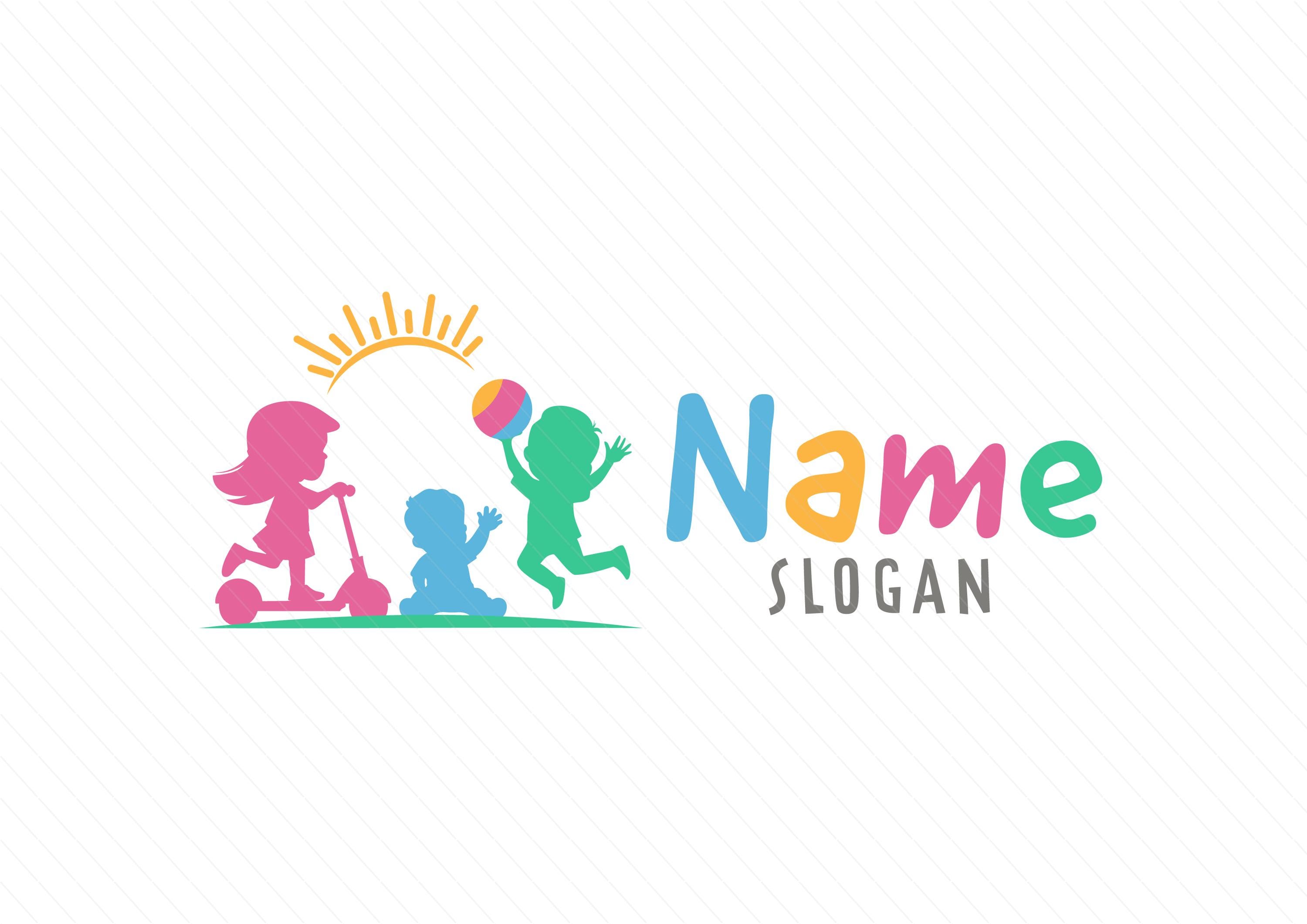 Playful Kids Logo - Scooter Girl, Boy with a ball and a Toddler with Sun Above | Childcare, Kindergarten and Activity Center Logo - Image 3
