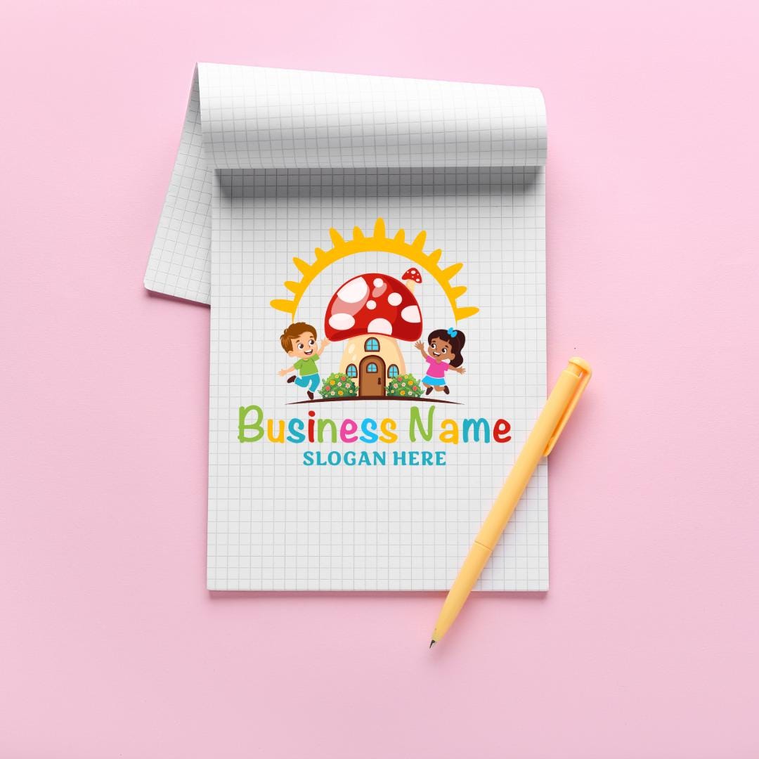 Colorful Mushroom House with a boy and a girl Preschool Kids Logo | Education Logo Design - Image 6