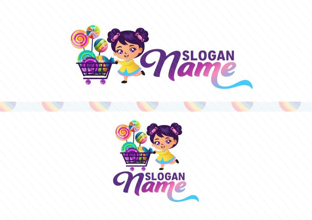 Colorful Candy Shop Logo – Cute Girl Pushing a Shopping Cart Full of Sweets – Party Candy Bar Logo Design