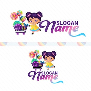 Kolorowe logo sklepu ze słodyczami – słodka dziewczyna pchająca wózek sklepowy pełen słodyczy – projekt logo baru ze słodyczami na imprezę