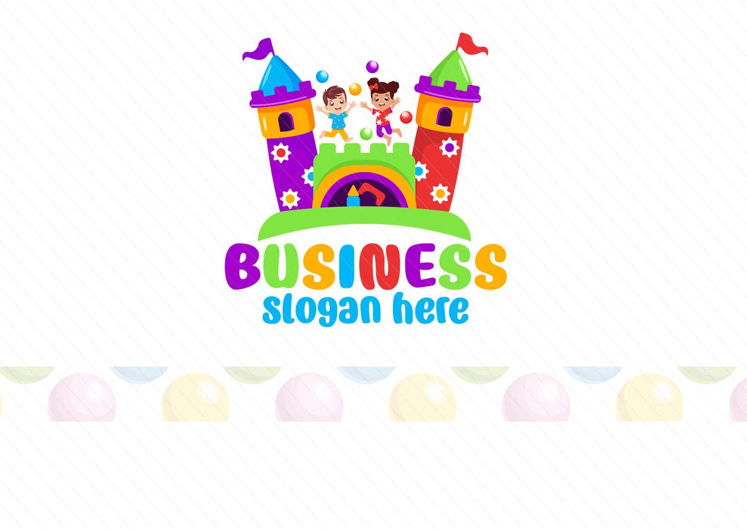 Colorful Premade Bouncy Castle Logo - Party Kids, Softplay, Playground, Ball Pit Branding