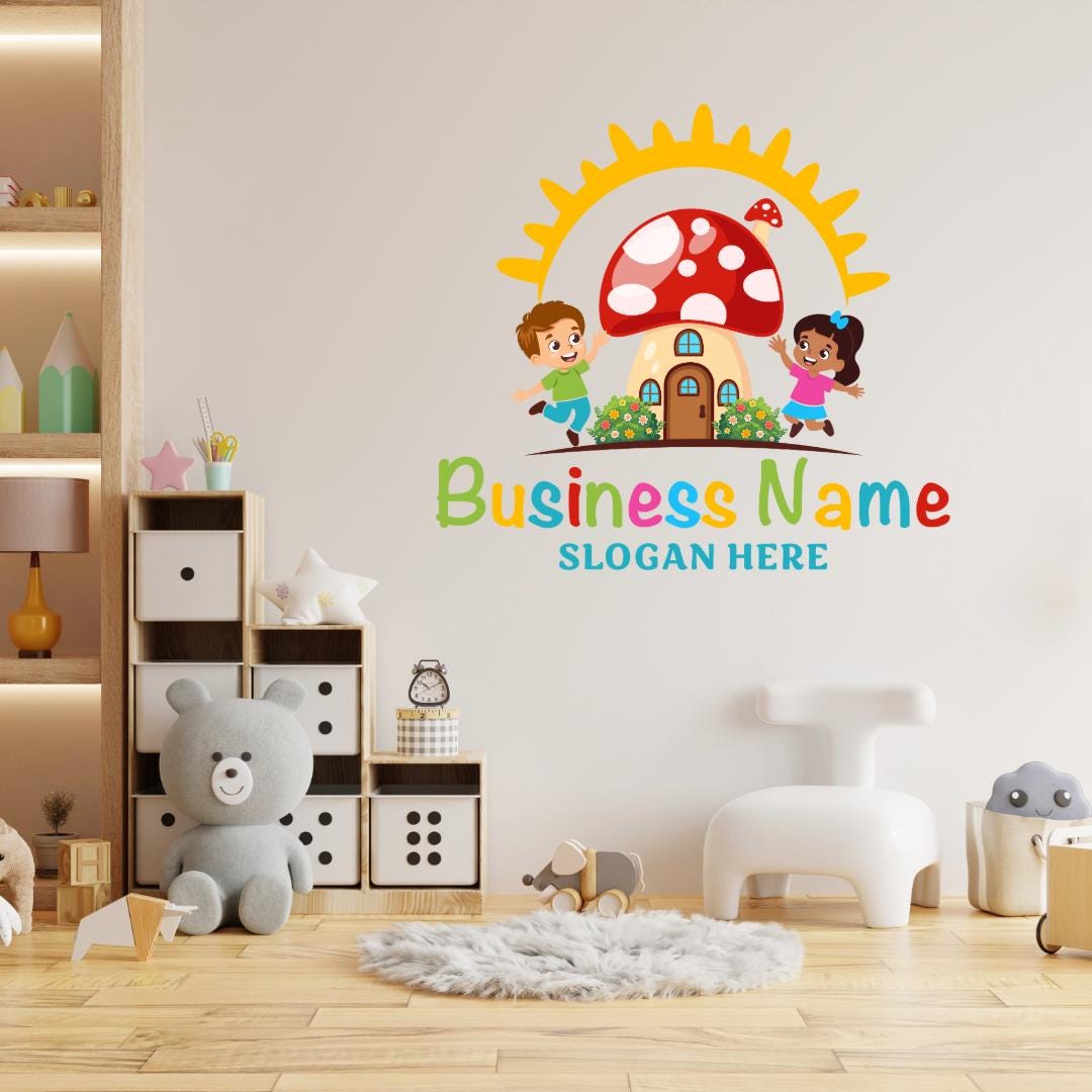 Colorful Mushroom House with a boy and a girl Preschool Kids Logo | Education Logo Design - Image 4
