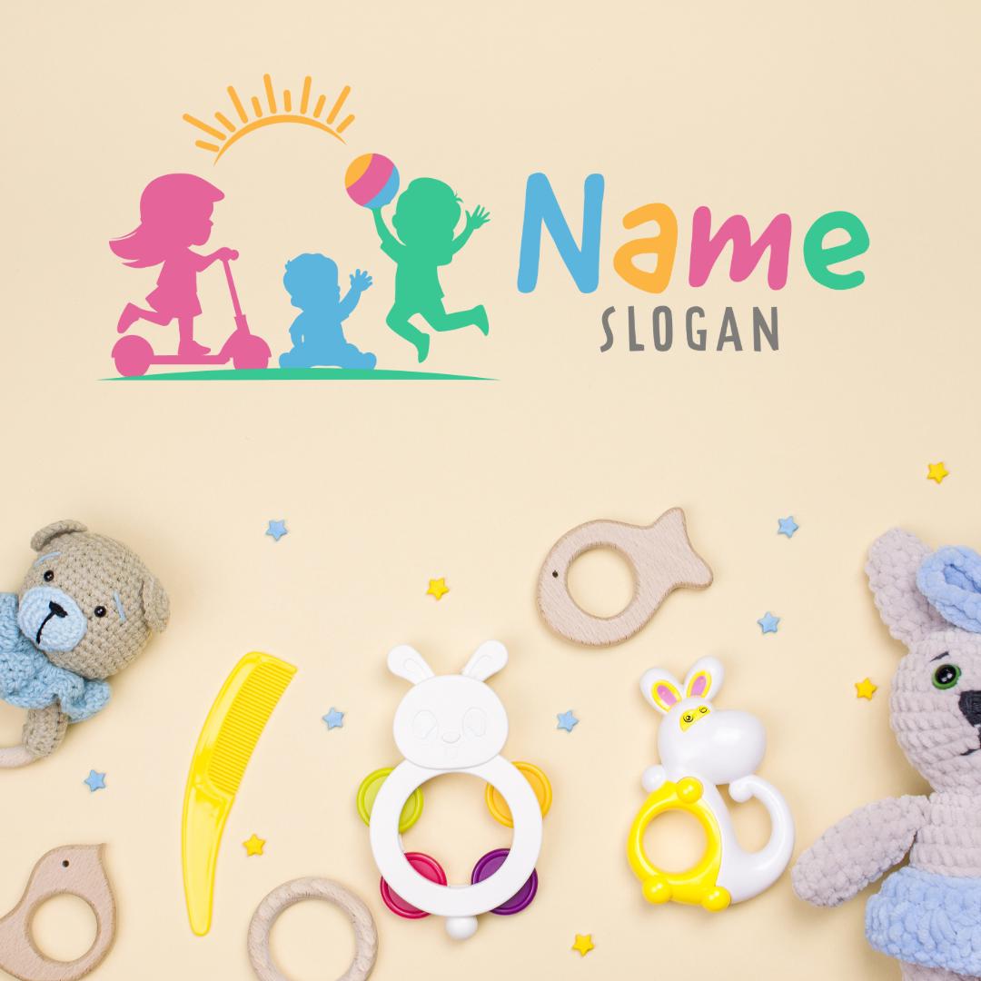 Playful Kids Logo - Scooter Girl, Boy with a ball and a Toddler with Sun Above | Childcare, Kindergarten and Activity Center Logo - Image 4