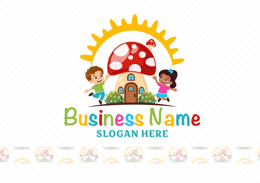 Colorful Mushroom House with a boy and a girl Preschool Kids Logo | Education Logo Design