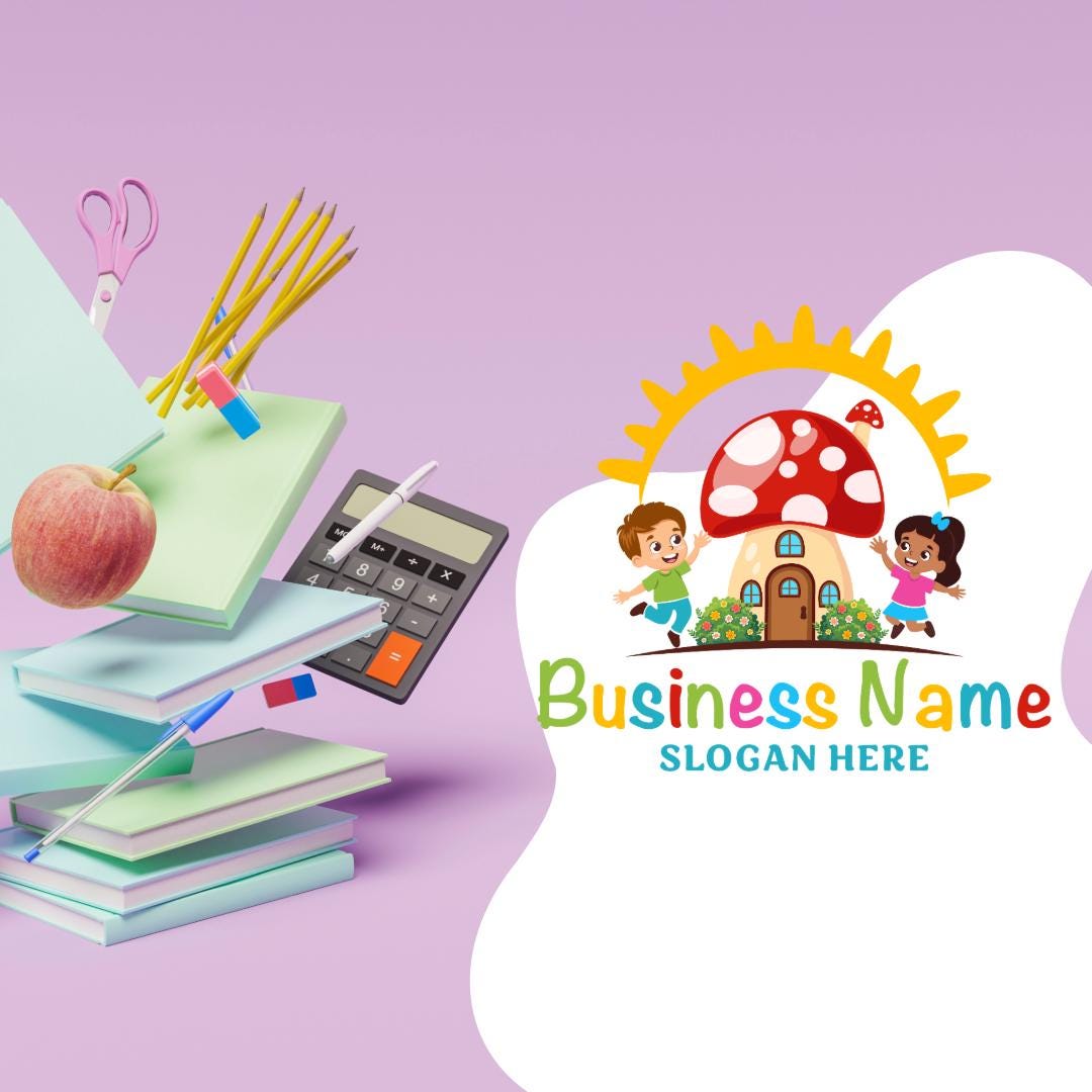 Colorful Mushroom House with a boy and a girl Preschool Kids Logo | Education Logo Design - Image 3