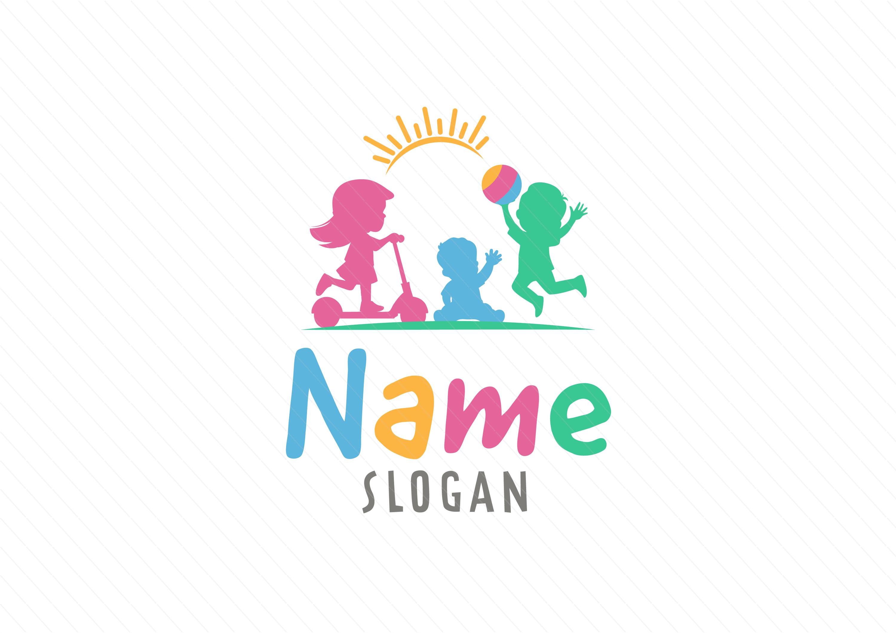 Playful Kids Logo - Scooter Girl, Boy with a ball and a Toddler with Sun Above | Childcare, Kindergarten and Activity Center Logo - Image 2