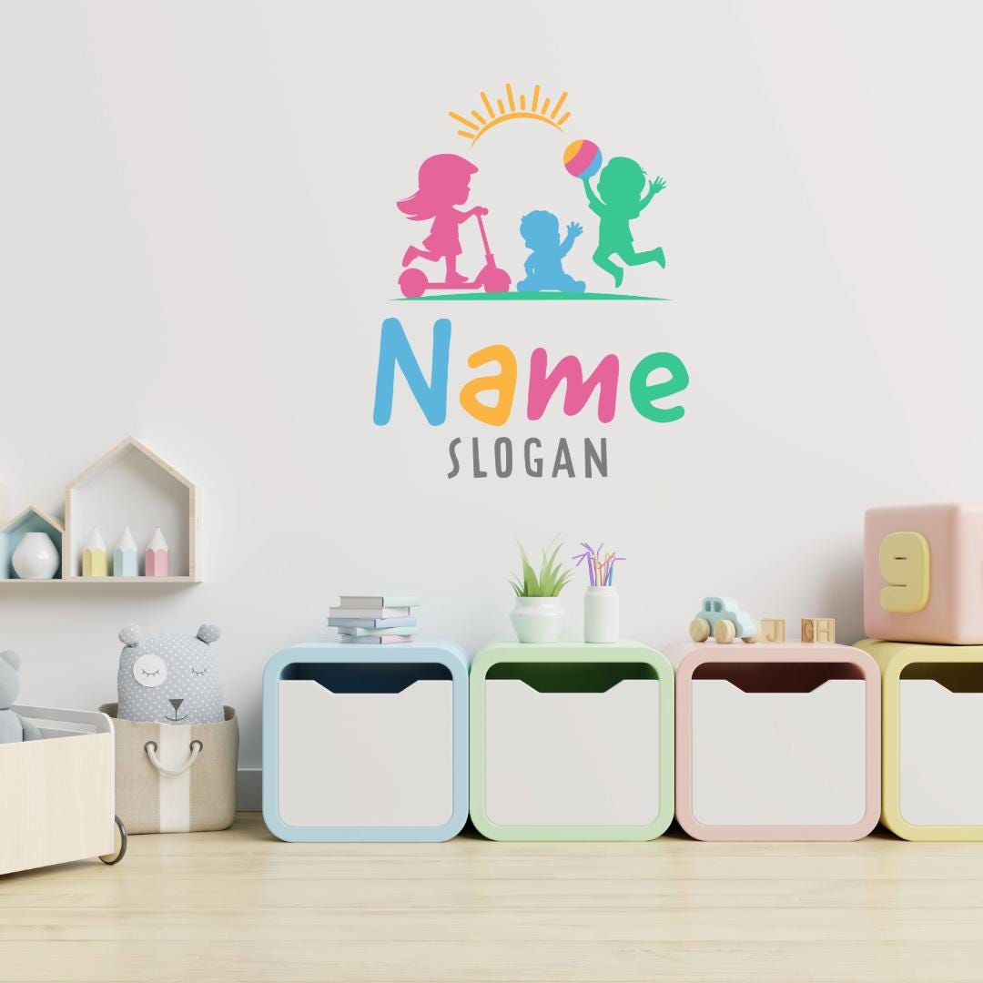 Playful Kids Logo - Scooter Girl, Boy with a ball and a Toddler with Sun Above | Childcare, Kindergarten and Activity Center Logo - Image 8