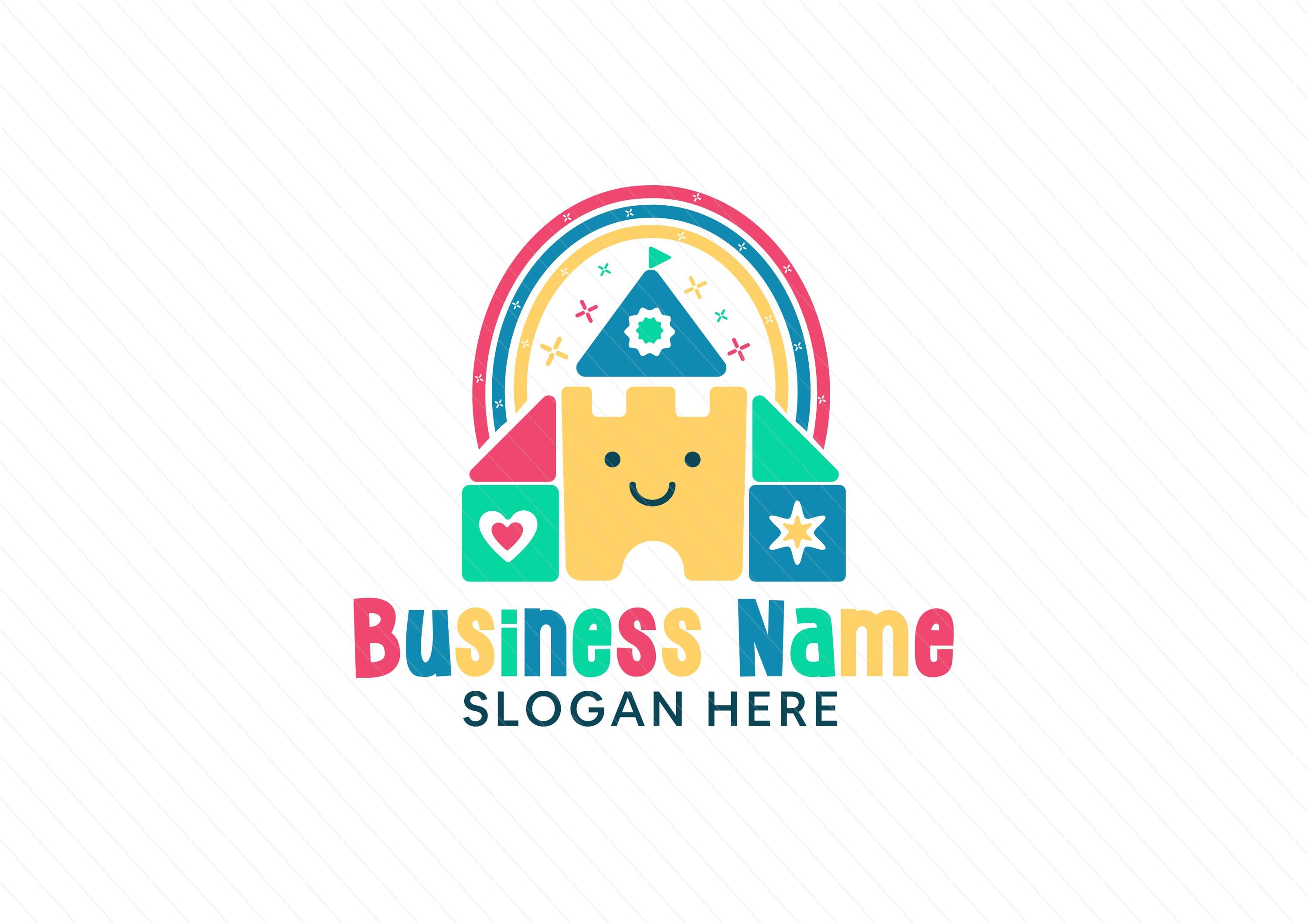 Colorful playful castle and rainbow logo with stars and flowers - Playground Logo - Preschool Logo - Education logo - Kids Party - Image 2