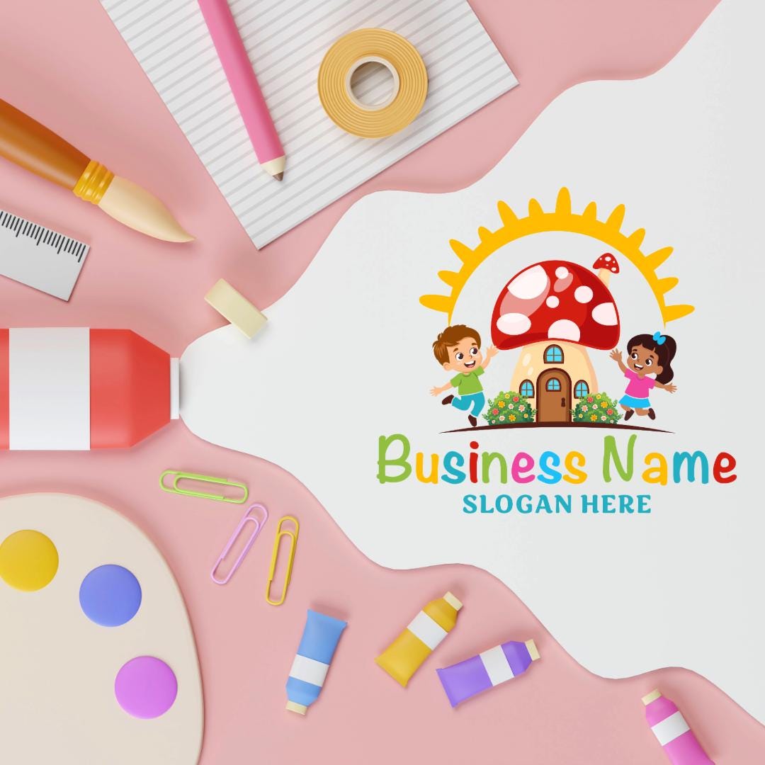 Colorful Mushroom House with a boy and a girl Preschool Kids Logo | Education Logo Design - Image 2