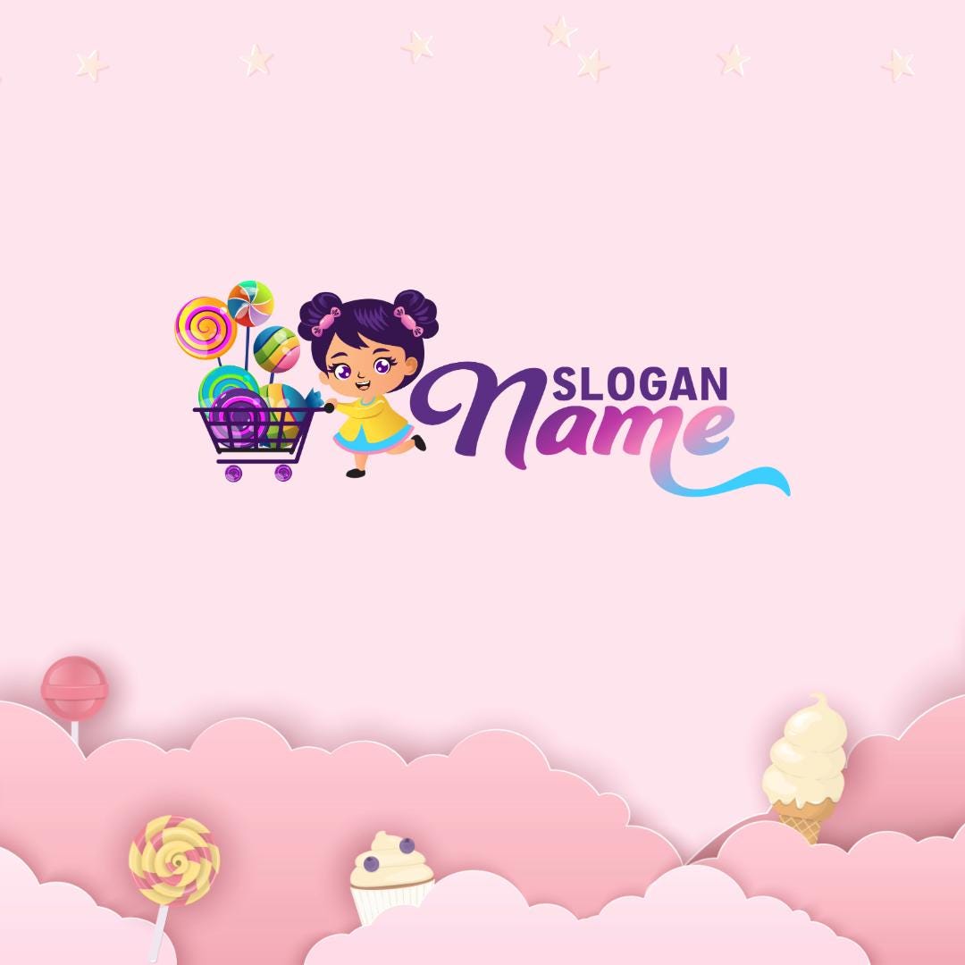 Colorful Candy Shop Logo – Cute Girl Pushing a Shopping Cart Full of Sweets – Party Candy Bar Logo Design - Image 5