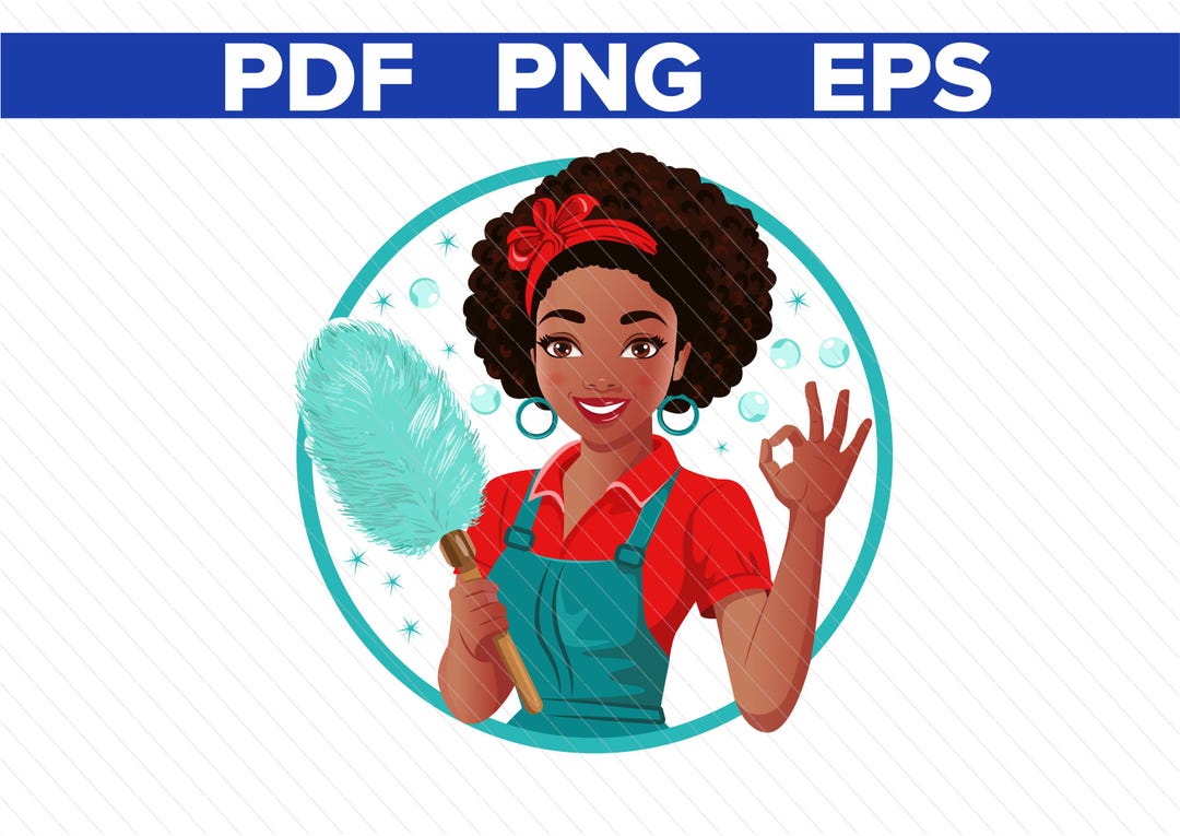 Digital Download of an African American Cleaning Female Character - Maid Cartoon Character - Housekeeper Illustration