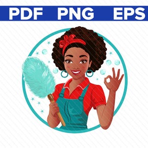 Descarga digital de un personaje femenino afroamericano de limpieza - Personaje de dibujos animados de mucama - Ilustración de ama de llaves