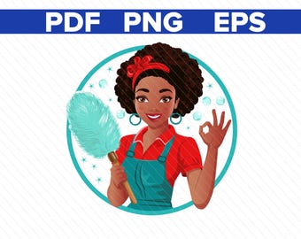 Digital Download of an African American Cleaning Female Character - Maid Cartoon Character - Housekeeper Illustration