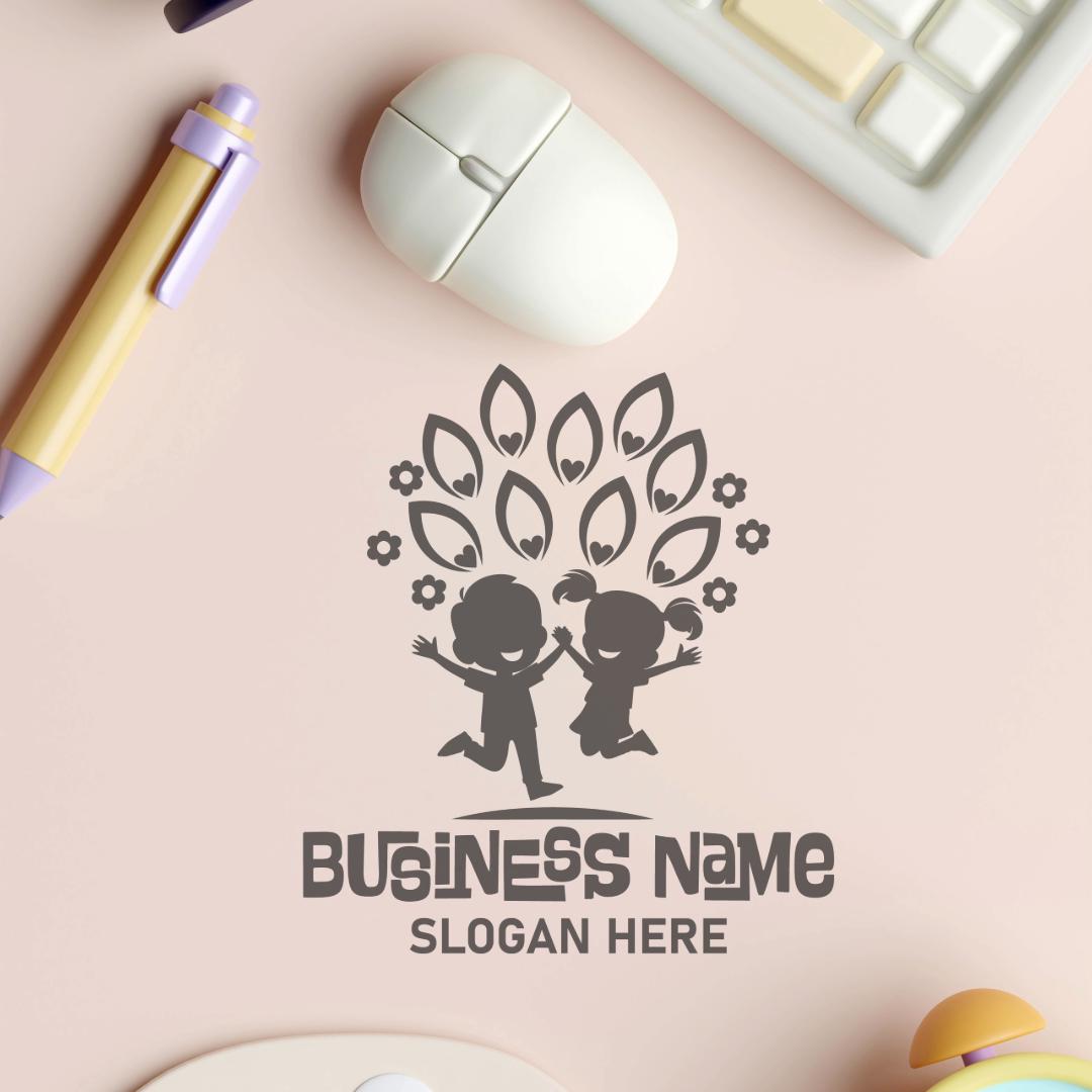 Playful Kids Logo - Jumping Children with Floral and Heart Leaves | Pastel Colors, Fun Font, Childcare and Educational Logo - Image 3