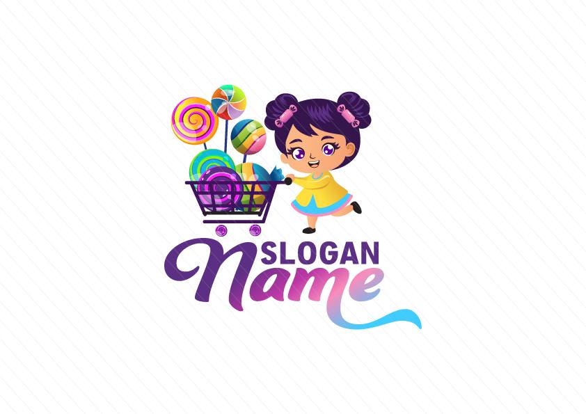 Colorful Candy Shop Logo – Cute Girl Pushing a Shopping Cart Full of Sweets – Party Candy Bar Logo Design - Image 2