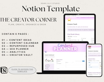 Content Creator Notion Template | Social Media Planner | Content Calendar | Content Ideas | SEO Planner | Analytics Dashboard | Creator Hub