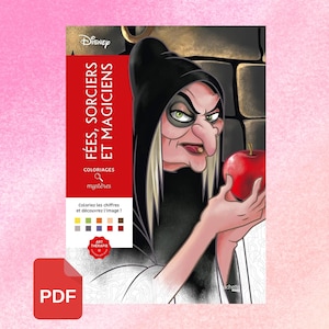 May include: A Disney colouring book titled "Fées, Sorciers et Magiciens" featuring an illustration of a witch holding a red apple. The cover includes the Disney logo and the words "Coloriages" and "mystères". A PDF icon is in the lower left corner.