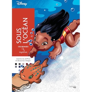 Puede incluir: Un libro para colorear de Disney titulado "Sous L'Océan" con un personaje de dibujos animados y un pez naranja. La portada tiene un fondo azul con burbujas y el texto "Coloriez les chiffres et découvrez l'image!"