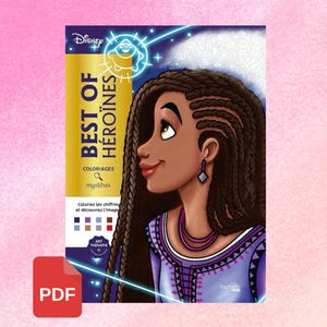 May include: A Disney coloring book titled "Best of Heroines" featuring an illustration of a woman with long, braided hair. The cover has text in yellow and blue, with a PDF icon in the lower left corner. The background is a gradient of pink.