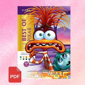 May include: A colorful "Best of Pixar" coloring book cover featuring a cartoon character with orange and white stripes, large green eyes, and a surprised expression. The cover includes the Pixar logo and the word "COLOR". A PDF icon is in the lower left.