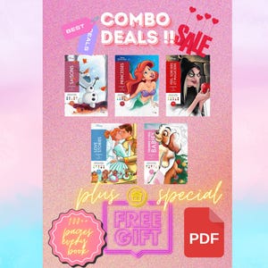 Pode incluir: Uma imagem promocional com o texto "COMBO DEALS !! SALE" e várias capas de livros com personagens da Disney como Ariel e Branca de Neve. A imagem inclui uma oferta de "PRESENTE GRÁTIS" e um ícone "PDF", sobre um fundo gradiente rosa e azul.