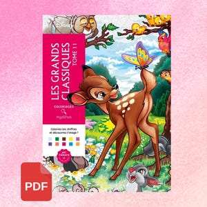 Könnte beinhalten: Ein Malbuch-Cover mit Bambi, einem braunen Reh mit weißen Flecken, in einer Wiese. Ein bunter Schmetterling sitzt auf seinem Rücken. Das Buch trägt den Titel "LES GRANDS CLASSIQUES TOME 11" und enthält den Text "COLORIAGES mystères".