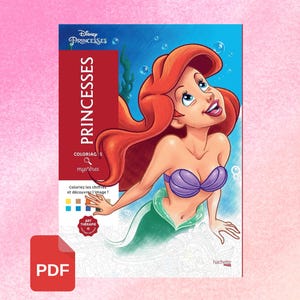 Puede incluir: Un libro para colorear de Disney Princesas con Ariel, con cabello rojo y un sujetador de concha púrpura. La portada tiene la palabra "PRINCESSES" y el texto "COLORIAGE mystères". Un icono PDF rojo está en la esquina inferior izquierda.