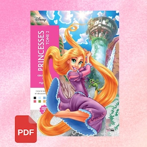 May include: A Disney Princesses coloring book, Tome 2, featuring Rapunzel with long blonde hair, wearing a purple dress, and a green frog. The cover has the Disney logo and the text "Princesses" and "Colorie les et decouvre".