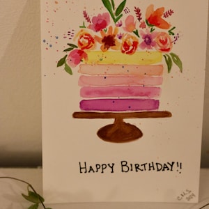 Carte de gâteau de joyeux anniversaire, peinture à l'aquarelle 5 x 7"
