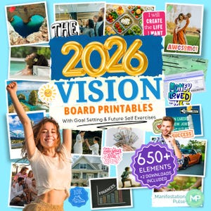 以下が含まれることがあります： 「2026 VISION BOARD PRINTABLES」と「650+ ELEMENTS」の文字が入った、カラフルなコラージュ。人々、お金、車、そして「I will create the life I want」や「Awesome!」などのモチベーションを高めるフレーズの画像が含まれています。