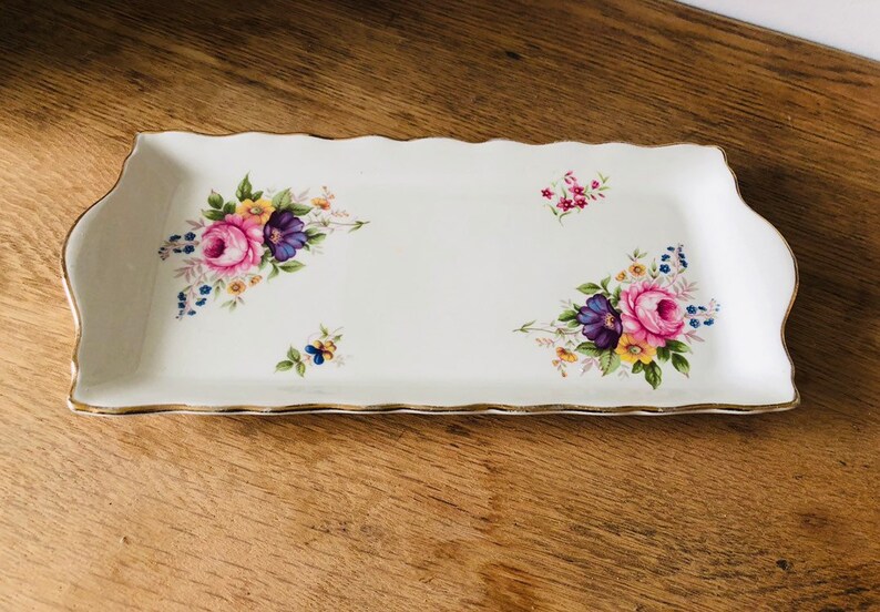 English Mid Century Vintage James Kent Old Foley Rectangular Floral Sandwich Cake serving plate bone china