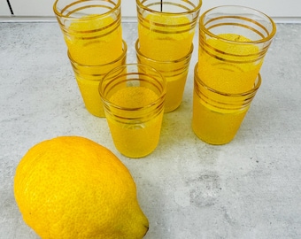 Set of 7 Vintage Pirelli Glass Shot Glasses, Mid Century Modern Yellow Frosted Gold Banded Tumblers, Retro MCM Barware Potters Bar England