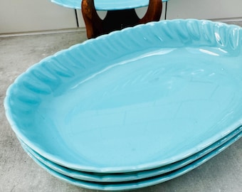 Juego de bandejas de melamina turquesa vintage, platos de servir de melamina azul aguamarina de mediados de siglo, vajilla de melamina moderna de mediados de siglo, juego de 4 platos ovalados acanalados azules