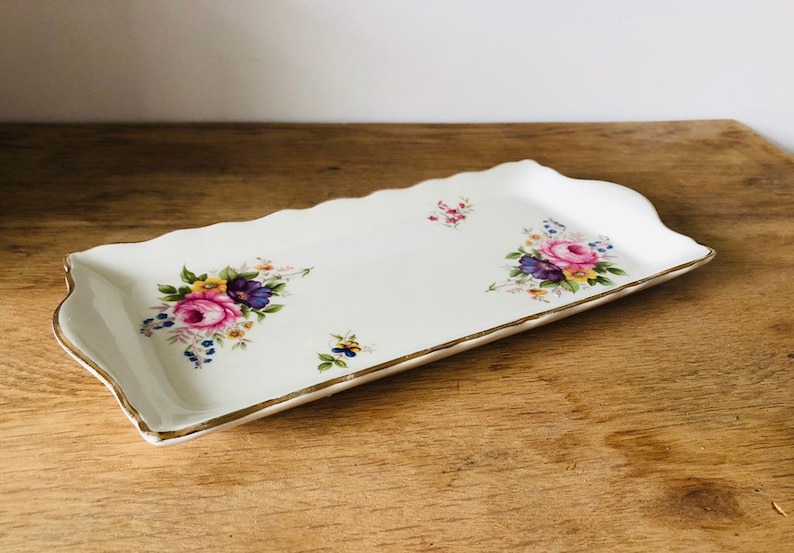 English Mid Century Vintage James Kent Old Foley Rectangular Floral Sandwich Cake serving plate bone china