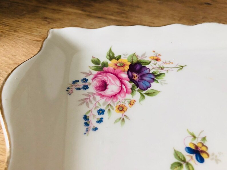 English Mid Century Vintage James Kent Old Foley Rectangular Floral Sandwich Cake serving plate bone china