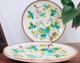Vintage Antique green white Majolica plate, wild strawberries wall home decor