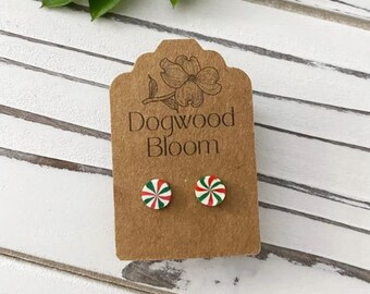 Tiny Pinwheel Candy Earrings in Red & Green