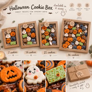 Może przedstawiać: Cztery prostokątne kartonowe pudełka wypełnione ciasteczkami na Halloween w kształcie dyń, duszków, pajęczyn i prostokątów z napisem BOO. Każde pudełko ma przezroczyste okienko i brązową etykietę z napisem Happy Halloween.