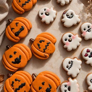 Könnte beinhalten: Eine Ansammlung von verzierten Keksen in Form von orangefarbenen Kürbissen mit schwarzen Jack-o'-Lantern-Gesichtern und weißen Geistern mit verschiedenen Gesichtsausdrücken, einschließlich rosa Wangen und dunklen Akzenten, auf einer hellen Fläche.