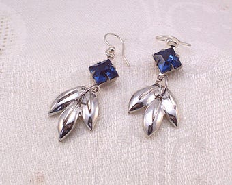 Vintage Silver Triple Leaf and Sapphire Blue Rhinestone Assemblage Earrings, CeeCeeDesigns on Etsy