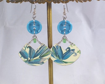 Teal Blue Button Earrings, Floral Tin Dangles, Surgical Steel