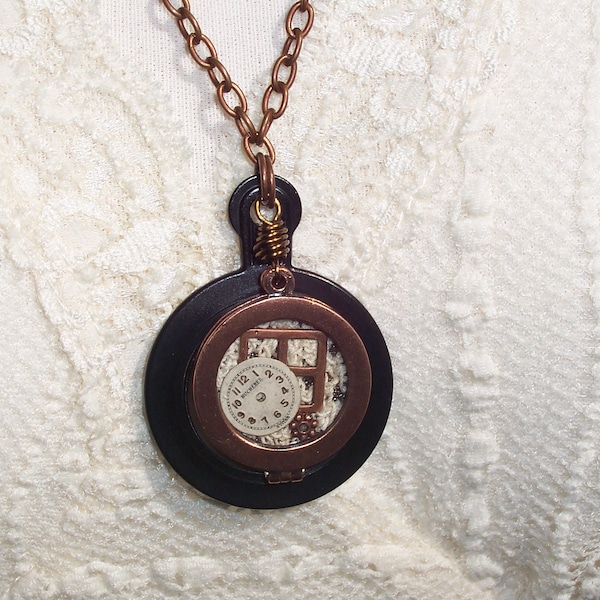 Trial Lens Optical Lens Monicle Black and Copper Locket Repurposed Assemblage Necklace by ceeceedesigns on etsy